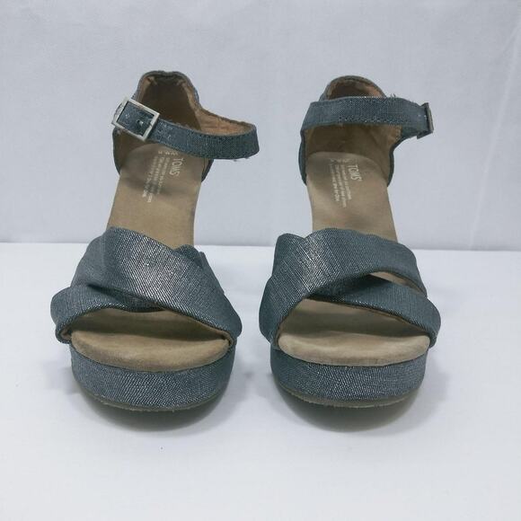 TOMS Sienna Denim Metallic Strappy Wedge Sandal Vacation Size 9.5 - Picture 3 of 11
